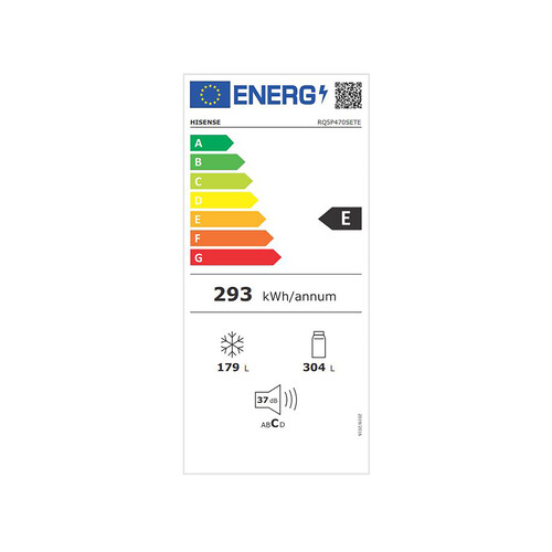 Frigorífico americano 181cm HISENSE RQ5P470SETE, NO FROST, 4 puertas, clasificación energética: E, H: 178,5cm, A: 79,4cm, F: 69,8cm, capacidad total: 582L.