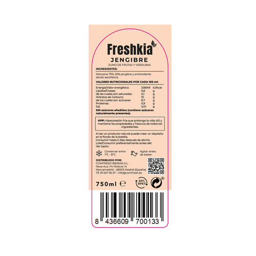 FRESHKIA Zumo refrigerado de jengibre FRESHKIA 750 ml.