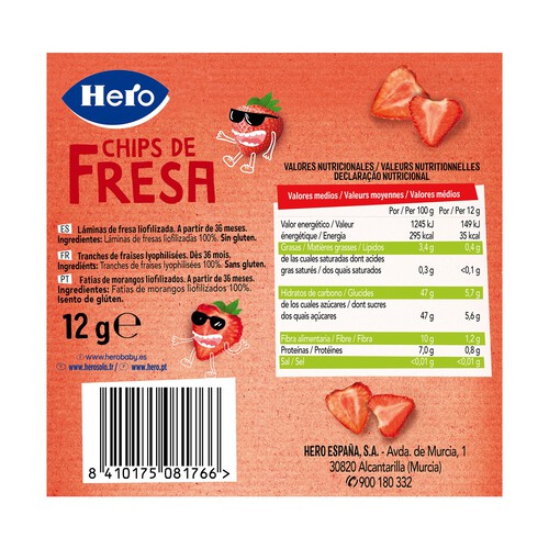 HERO Chips de fresa elaborados sin azúcares añadidos HERO Kids 12 g.
