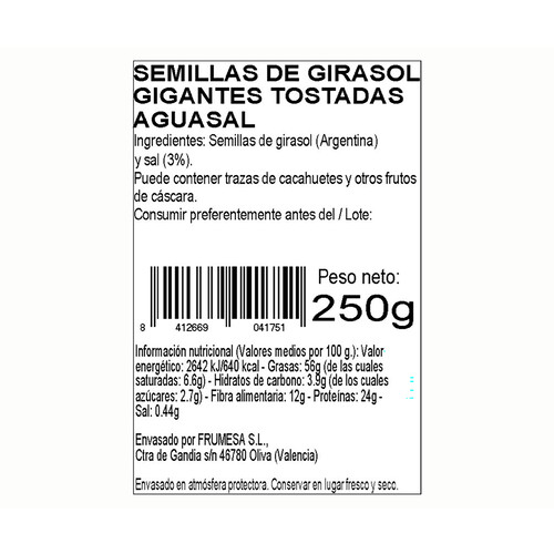 FRUMESA Pipas gigantes tostadas aguasal 250 g.