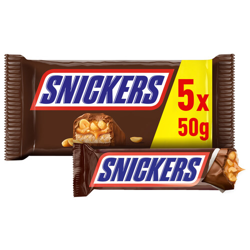 SNICKERS Barritas de chocolate con leche rellenas de crema de cacahuete 5 uds. 50 g.