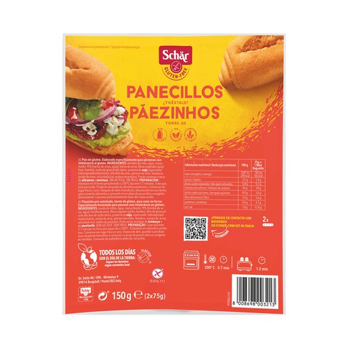 SCHÄR Pan mini baguette precocido sin gluten SCHÄR, 2 uds x150 g.