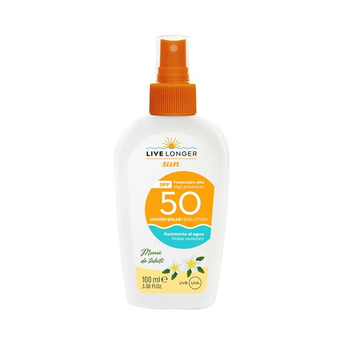 LIVE LONGER Sun Loción protectora solar en spray con FPS 50 (muy alto) 100 ml.