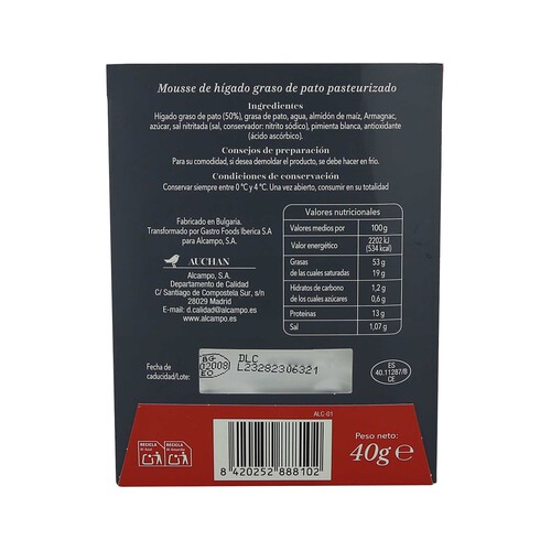 PRODUCTO ALCAMPO Collection Mousse foie gras pato Mi-cuit 40 g.