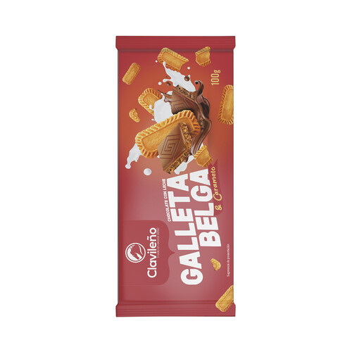 CLAVILEÑO Chocolate con leche, con galleta belga y caramelo, 100 g. 