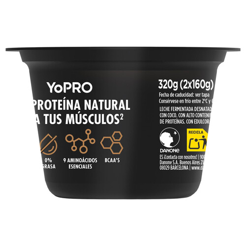 YOPRO Yogur con virutas de chocolate, proteínas y sin azúcares añadidos ni grasa de Danone 2 x 160 g.