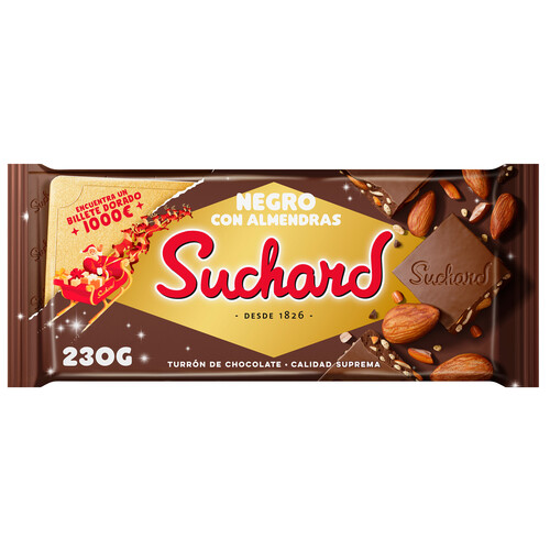 SUCHARD Turrón de chocolate negro con almendras enteras y arroz inflado 230 g.