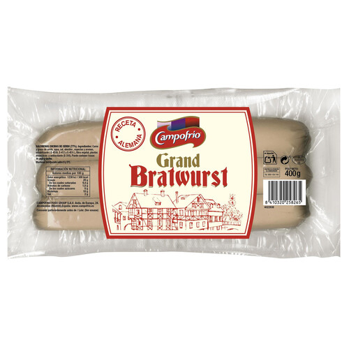 CAMPOFRÍO Salchichas cocidas de cerdo tipo Bratwurst CAMPOFRÍO Grand 400 g.