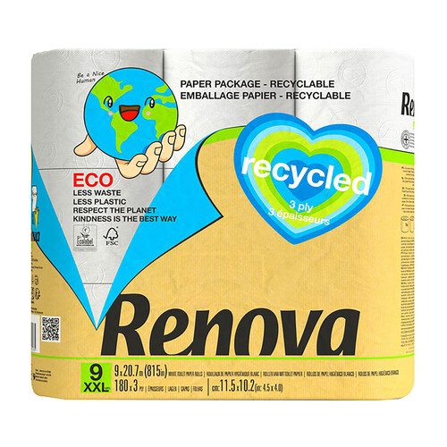 RENOVA Recycled  Papel higiénico de triple capa 9 rollos
