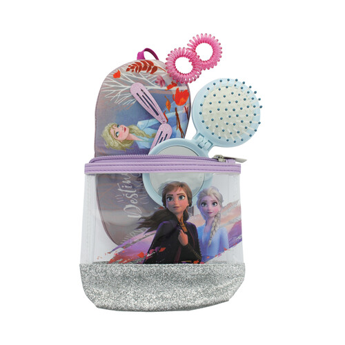 DISNEY Frozen Neceser de viaje con cepillo con espejo, horquillas (2) y coleteros (2).