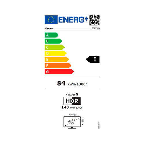 Televisión 165,1 cm (65) QLED HISENSE 65E7NQ, 4K, VIDAA, 2 USB, Ultra HD, HDR10, HGL, HDR10+, 60 Hz.