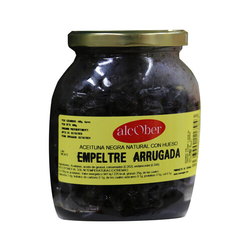 ALCOBER Aceituna negra Aragón empeltre arrugada c/aceite 400 g.