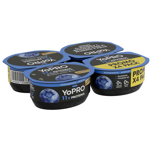 YOPRO de Danone Leche fermentada con arándanos, rico en proteínas y sin azúcares añadidos ni grasa 4 x 120 g.