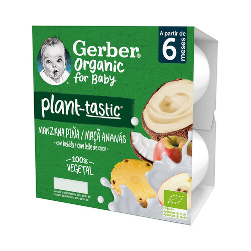 GERBER Postre 100% vegetal infantil con bebida de coco, mananza y piña ecológicos, a partir de 6 meses GERBER Organic 4 x 90 g.