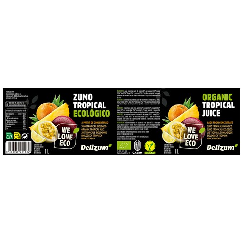 DELIZUM Zumo tropical a base de concentrado de naranja, piña, limón, manzana y maracuyá ecológico 1 l.