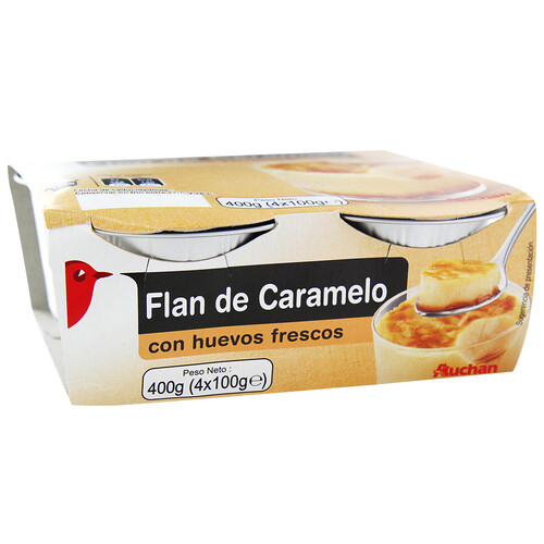 AUCHAN Flan de caramelo, realizado con huevos frescos 4 x 100 g. Producto Alcampo