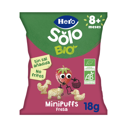 HERO Solo bio Snacks infantiles no fritos y sin azúcares añadidos. de cereales y fresas ecológicos, a partir de 8 meses 18 g.