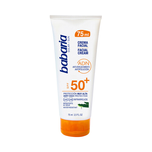 BABARIA Protector solar facial, con acción anti polución y anti envejecimiento y FPS 50+ (muy alto) BABARIA 75 ml.