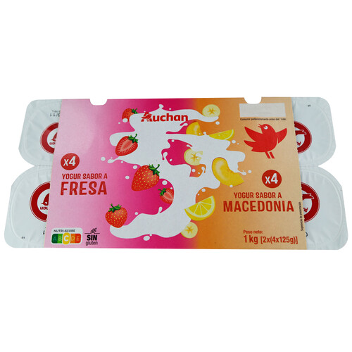 AUCHAN Yogures de sabores variados (4 de fresa y 4 de macedonia) 8 x 125 g Producto Alcampo.