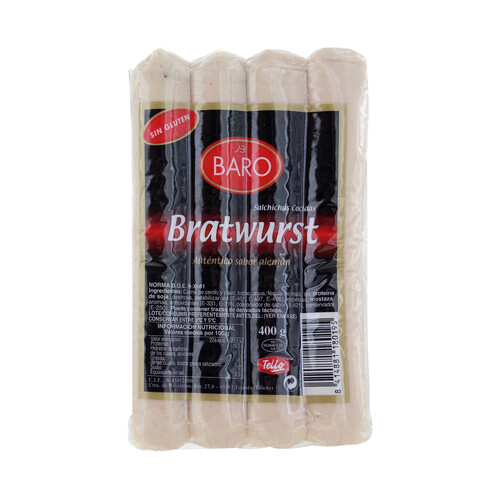 BARO Salchichas cocidas y con ahumado natural tipo Bratwurst BARO 400 g.