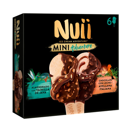 NUII Adventure Mini helados de vainilla de Java (3) y de avellana italiana (3), recubiertos de chocolate con leche 6 x 55 ml.