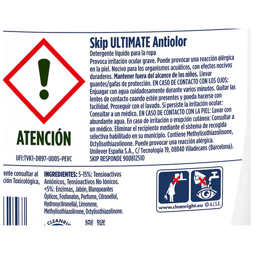 SKIP Ultimate Detergente líquido con acción antiolor incluso en agua fría 33 ds. 