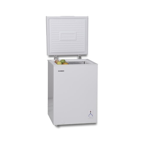 Congelador horizontal ROMMER MFE 100, clasificación energética: E, H: 84cm, A: 55cm, F: 48cm, capacidad total: 99L.