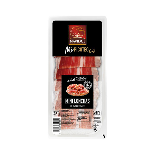 NAVIDUL Jamón curado cortado en mini lonchas, ideales para tostadas NAVIDUL Mi picoteo 45 g.