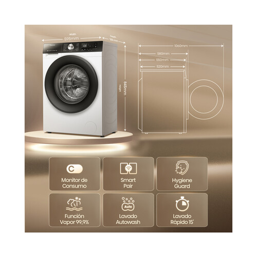 Lavadora HISENSE WF3S9043BW3 9KG, color blanca, clasificación energética: A, 1400RPM, H: 84,5cm, A: 59,5cm, F: 55cm.