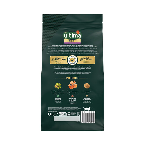 ULTIMA Pro+ Alimentación para gatos esterilizados, de salmón, alto en proteínas y sin azúcares añadidos, 1,1 kg. 