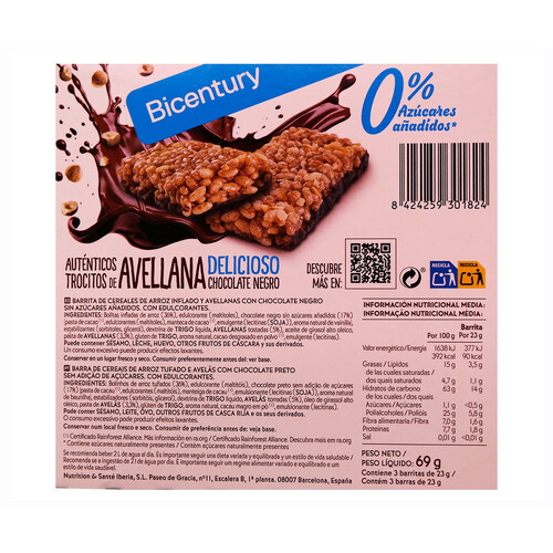 BIOCENTURY Barrita cereales avellana y chocolate negro 69 g.