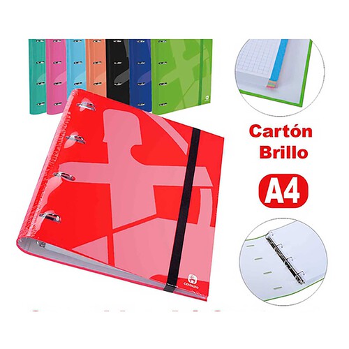 Carpeta 4 anillas troqueladas DIN A4,centauro. cierre con goma plana de 15mm, recambio de 100 hojas 90 gr, cuadricula 4x4, papel super resistente extrablanco paperclas 90gr, lomo curvo mas ergonómico, GRAFOPLAS.