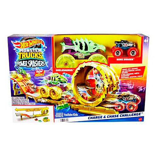 HOT WHEELS Monster Trucks Race & Chase Challenge: Pista y 2 Camiones Skelesaurus, 116cm, +4 años.