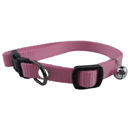 PRODUCTO ALCAMPO Collar de 1 cm. extensible (20 - 40 cm) rosa con campana y hebilla de plástico.