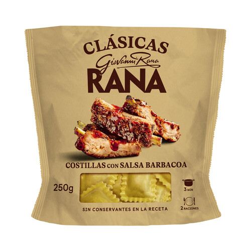 RANA Clásicas Raviolis de pasta fresca rellenos de carne de costillas con salsa barbacoa 250 g.