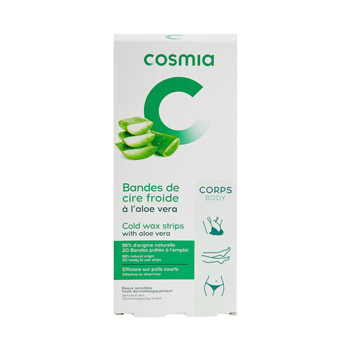 COSMIA Bandas depilatorias corporales con aloe vera, especiales pieles sensibles 20 uds.