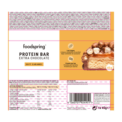 FOODSPRING Barrita de proteinas con extra de chocolate y caramelo suave 45 g.