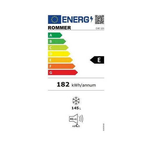 Congelador vertical ROMMER CVE- 121, clasificación energética: E, H: 123cm, A: 54,5cm, F: 56,5cm.