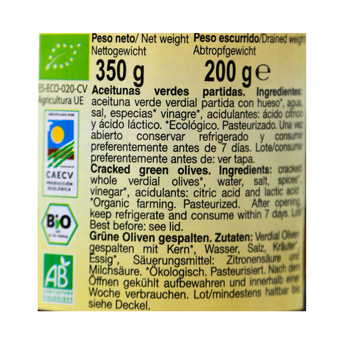 CAMPOMAR NATURE Aceituna Verdial ecológicas partida con especias 200 g.