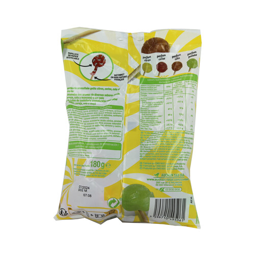 PRODUCTO ALCAMPO Caramelos con palo de fruta y cola 180 g.