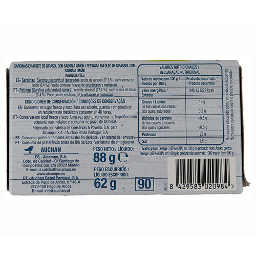 PRODUCTO ALCAMPO Sardinillas en aceite de girasol al limón lata 65 g.