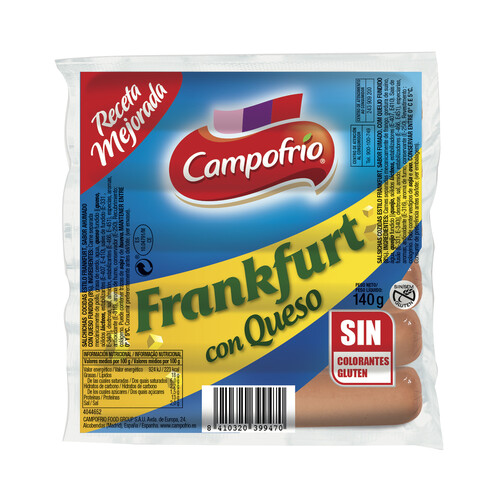 CAMPOFRÍO Salchichas cocidas tipo Frankfurt con queso 140 g.