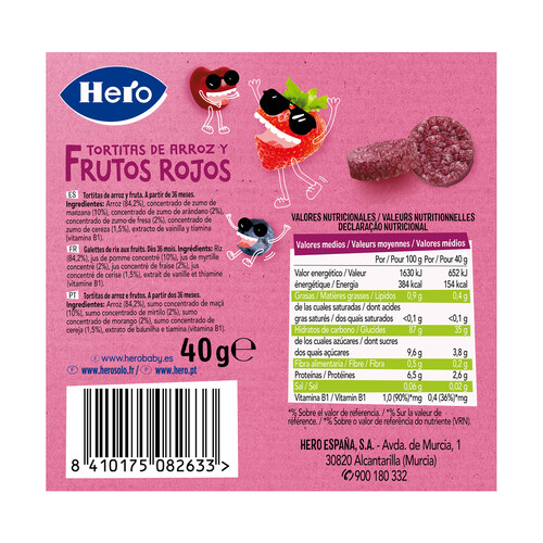 HERO Kids Tortitas infantiles de arroz y frutos rojos, a partir de 36 meses 40 g.