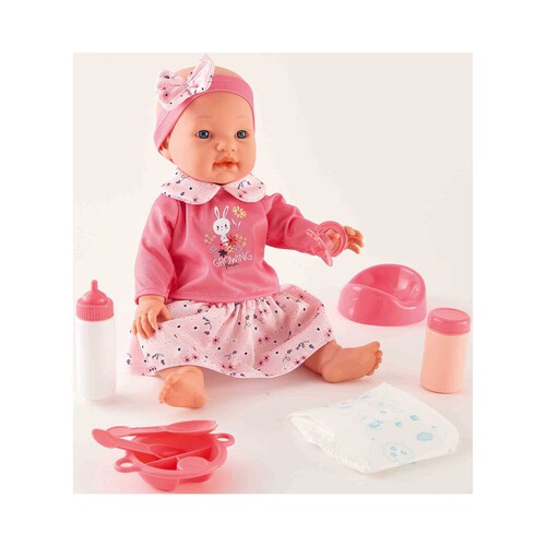 Muñeco Bebe 43 Cm Come y Hace Pipi Rosa ONE TWO FUN ALCAMPO