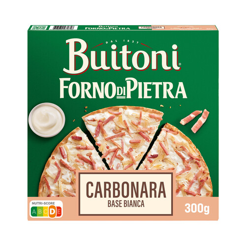 BUITONI Forno di piertra Pizza con bacon, cebolla y crema de leche (Salsa carbonara), con masa fina y crujiente 300 g.