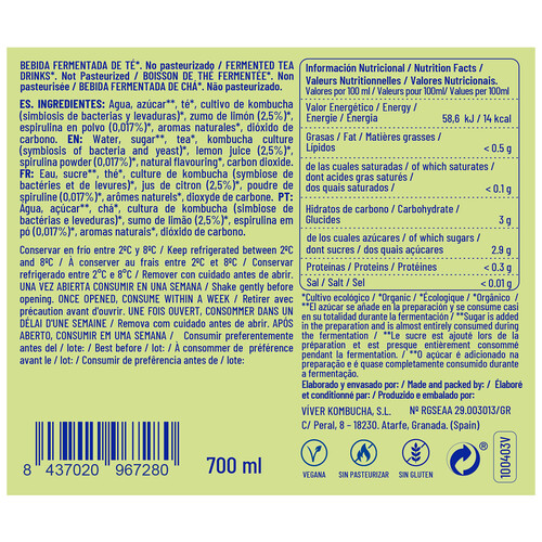 VIVER Bebida fermentada de té (kombucha)  ecológica sabor a limón y espirulina 700 ml.