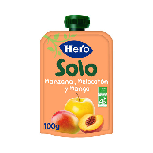 HERO Solo Bolsita de manzana, melocotón y mango ecológicos, a partir de 4 meses 100 g.