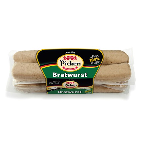 PICKEN Salchichas alemanas tipo Bratwurst, elaboradas sin gluten, glutamato ni fécula PICKEN 300 g.