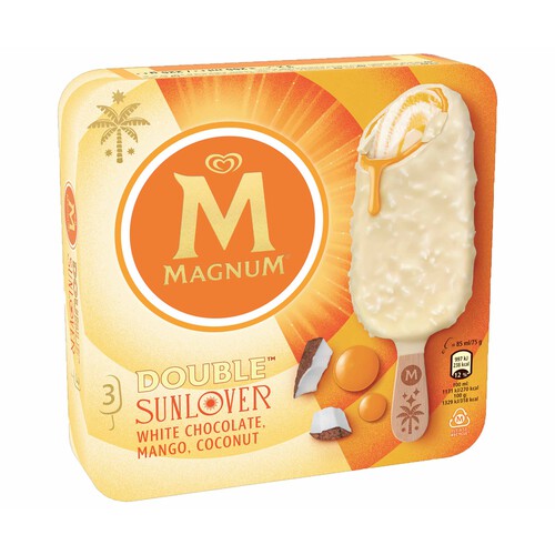 MAGNUM Bombón helado sabor chocolate blanco, coco y mango 3 x 85 ml.