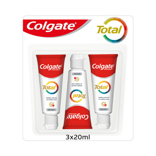 COLGATE Total original Pasta de dientes con protección 8 en 1 (formato viaje) 3 x 20 ml.
